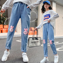 Girls small footed jeans Spring autumn outwear CUHK child loose old daddy pants spring high waist children casual long pants