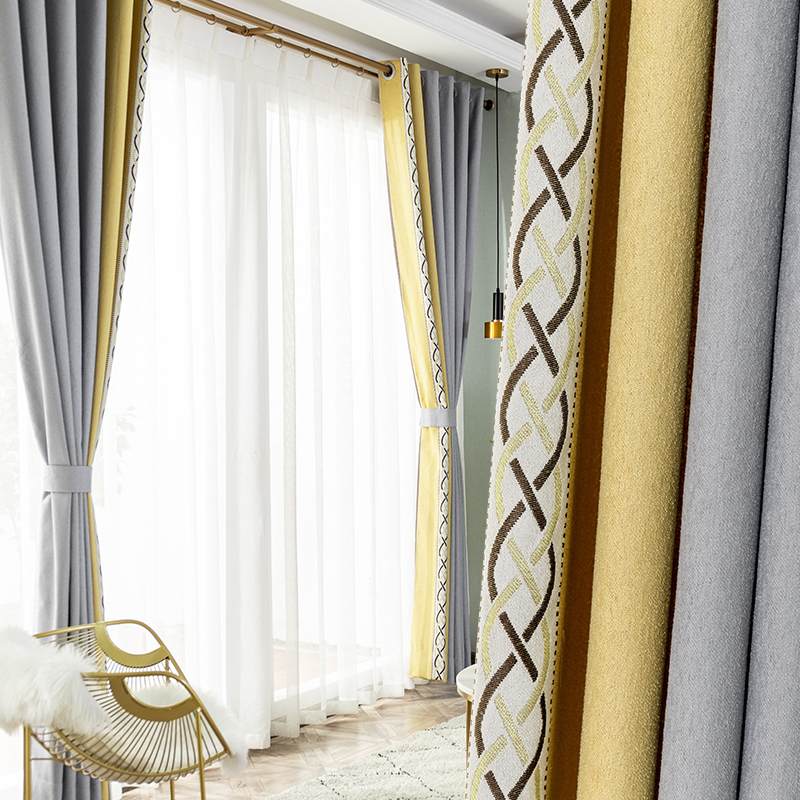 Crowdsourced Nordic grey yellow Coloured curtains Seamless Splicing Minimalist Modern Parquet Light Lavish Living-room Bedroom Shade