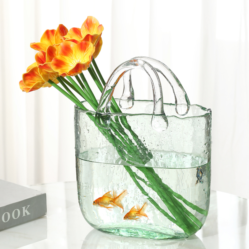 Nordic transparent glass bag vase net red handbag decoration creative light luxury living room hydroponic flower arrangement decoration
