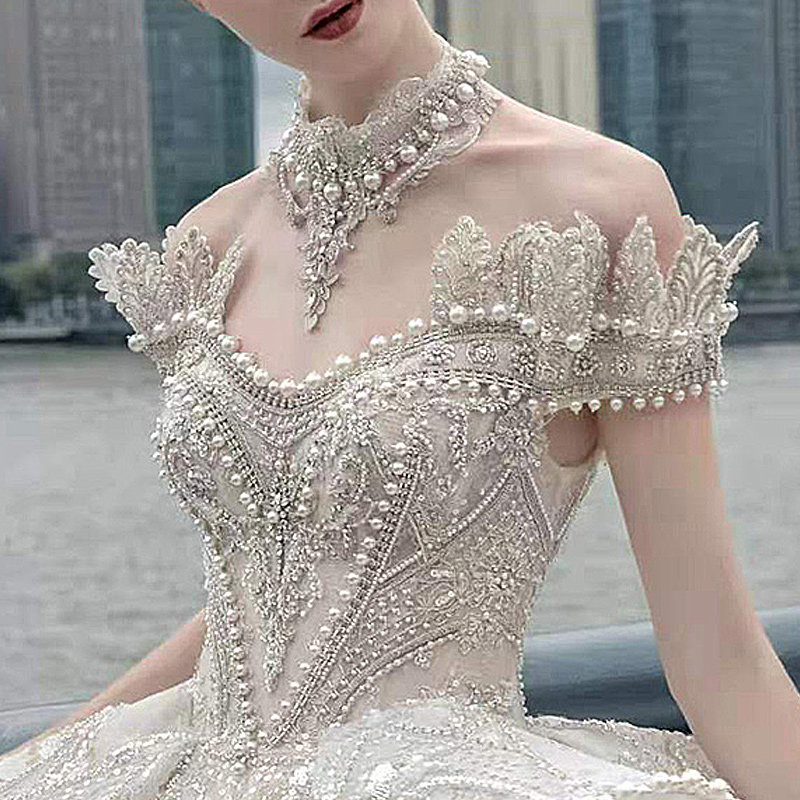 Wedding dress 2021 new bridal main wedding dress senior sense Palace style temperament heavy industry luxury trailing one shoulder winter