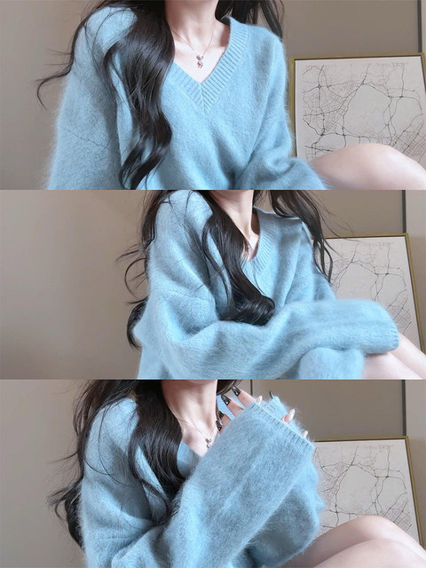 Korean-Style Soft Blue Mohair V-Neck Sweater for Women, Suitable for Autumn and Winter, Can Be Worn Outside, Loose and Lazy Style Knit Top