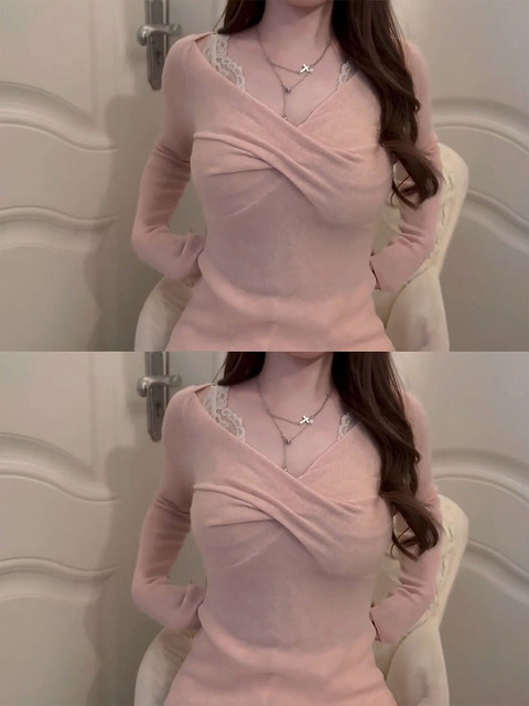 Stylish Pure Pink V-Neck Knit Sweater for Women, Slim Fit, Perfect for Layering in Autumn and Winter, Stunning Top