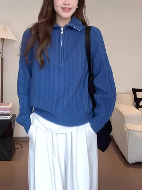 High-End New Year Red Half-Zip Lapel Cable Knit Sweater for Women, Autumn and Winter Lazy Loose Knitwear Outerwear