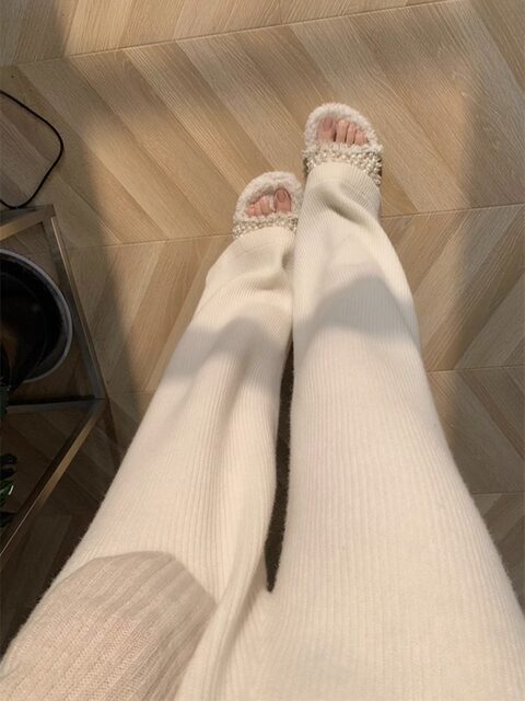 Autumn Soft and Drapey Knit Wide-Leg Pants for Women, Loose Casual Slimming Wool Straight-Leg Trousers for Petite Figures in Autumn and Winter