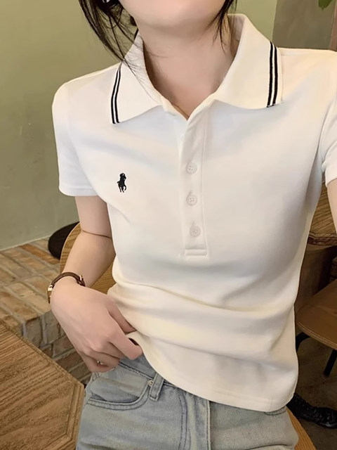 Summer American-Style Embroidered White Short-Sleeve T-Shirt for Women, Unique Design, Trendy Slim-Fit Polo Shirt