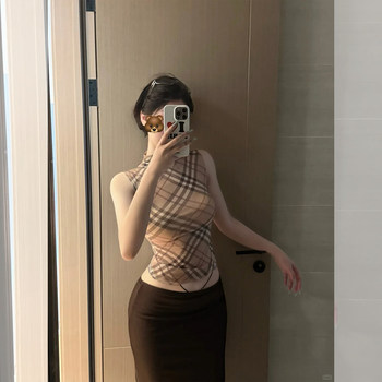 American-Style Half-High Collar Plaid Tight-Fitting Camisole for Women, Summer Retro Design, Sleeveless Outerwear, Thin Top