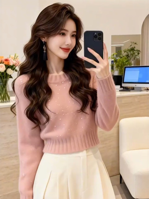 Korean pink high-end sequined sweater for women in autumn and winter, unique and beautiful thickened pullover sweater short top