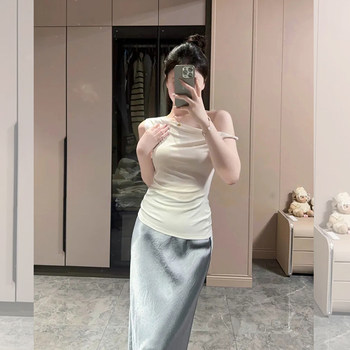 Summer Off-Shoulder Twist Top T-Shirt for Women, Elegant Waist-Cinching Slimming Base Shirt with a Stylish Design, Sleeveless Top with Exposed Shoulders