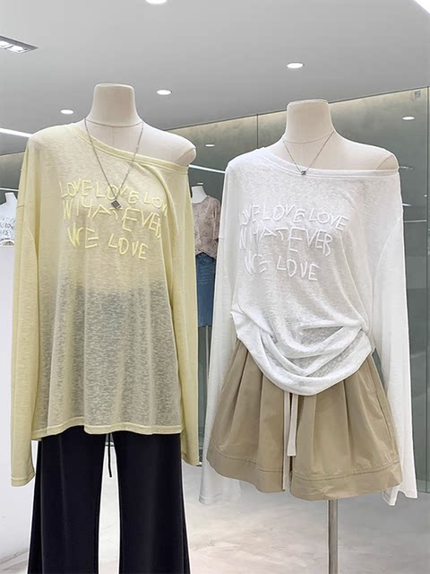 Lazy Style Diagonal Collar Printed Thin Long-Sleeved T-Shirt for Women in Summer, Pure and Desirable, Loose Sun Protection Outerwear, Unique Top