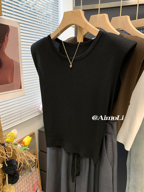 Summer Ice Silk Thin Flying Sleeve Knitwear Women's Design Waistless Lace-Up T-Shirt Slimming Look Short Sleeveless Top