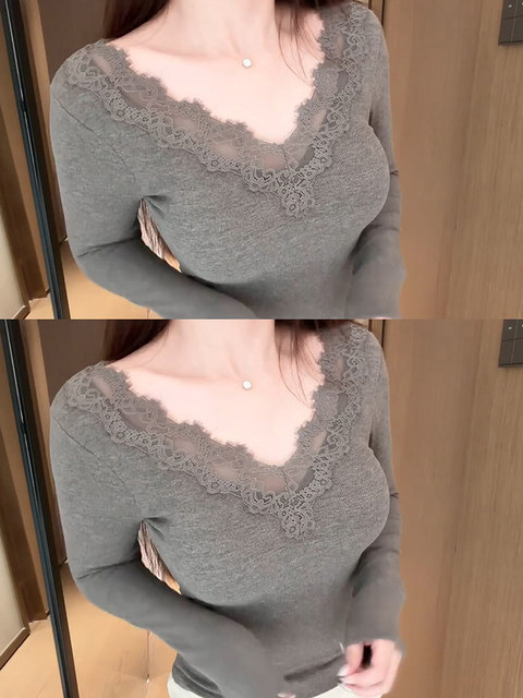 Gray Lace Spliced V-Neck Knit Top for Women, Autumn and Winter, Pure and Alluring Style, Slim Fit, Flattering Base Layer, Stunning Inner Wear Top