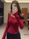 French-Style New Year Red Lace Patchwork Knit Sweater for Women, Autumn and Winter Slim-Fit Base Layer Sweater, Unique and Distinctive Top