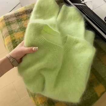 Lazy Style Green Mohair Round Neck Sweater for Women, Autumn and Winter Soft and Loose Knitwear with a High-End Feel, Outerwear Top