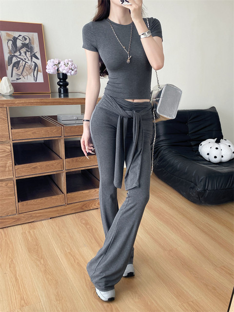 Summer Hot Girl Gray Round Neck Tight Short-Sleeved T-Shirt with Tie Design and Floor-Length Tencel Pants Two-Piece Set