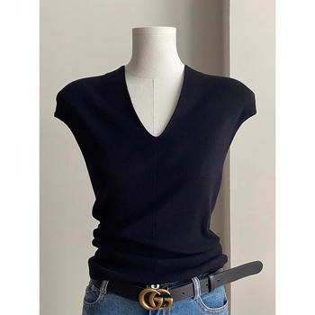 French-Style V-Neck Black Ice Silk Knit Short-Sleeve T-Shirt for Women, Summer Elegant Slim-Fit Flutter Sleeve Thin Top