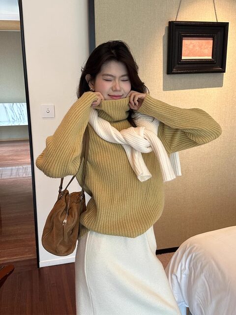 Purple Turtleneck Cashmere Knit Sweater for Women, Autumn and Winter Korean Style, Lazy and Loose, Inner Layer Sweater, Warm and Thick, Outerwear Top