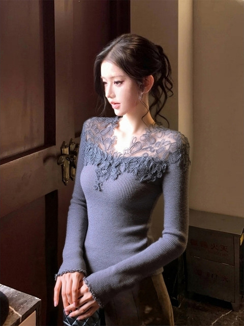 Gentle Style Lace Patchwork Knitwear for Women, Stunningly Beautiful Autumn and Winter Base Layer Sweater, Elegant Top