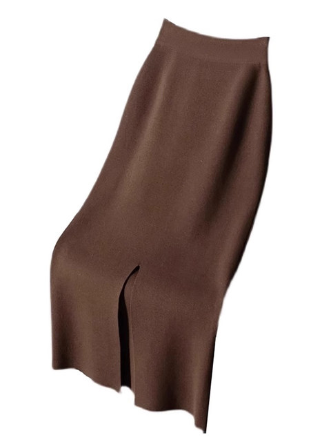 Autumn and Winter High-End Straight Slit Knitted Skirt for Women, French Style Back Slit, High Waist, Slimming, Elegant, Hip-Hugging Long Skirt