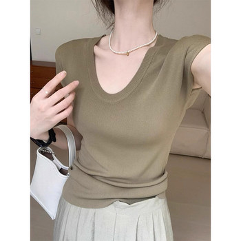 Elegant U-Neck Ice Silk Regular Shoulder Knit Short-Sleeve T-Shirt for Women, Summer Slim-Fit Thin Flutter-Sleeve Base Shirt, Stylish Top