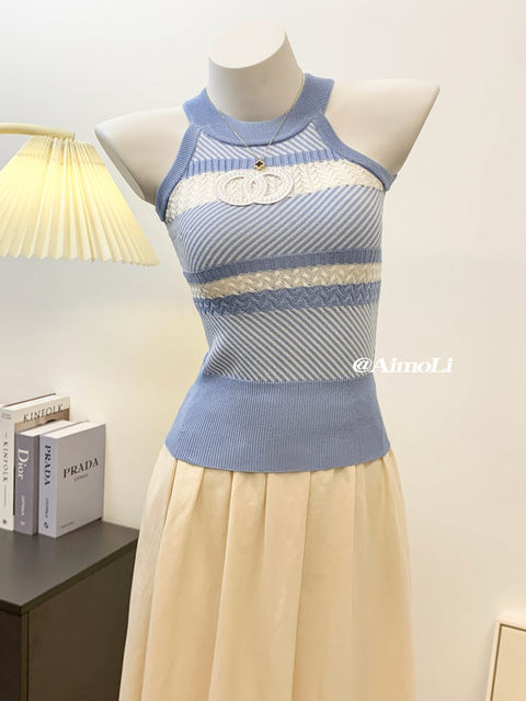 French-Style Halter Neck Knitted Camisole for Women, Summer Ice Silk Slimming Hot Girl Outfit, Sleeveless Top