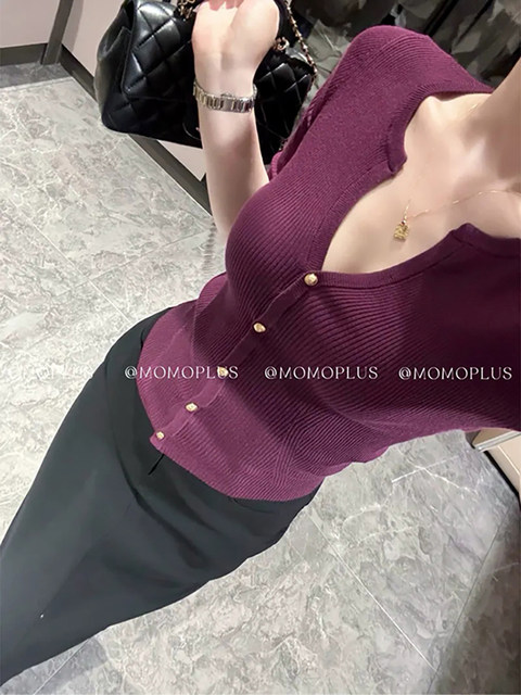Spring and Autumn Style V-Neck Purple Mid-Sleeve Knit Top for Women, High-End Slimming Base Shirt, Five-Quarter Sleeve Fitted Top