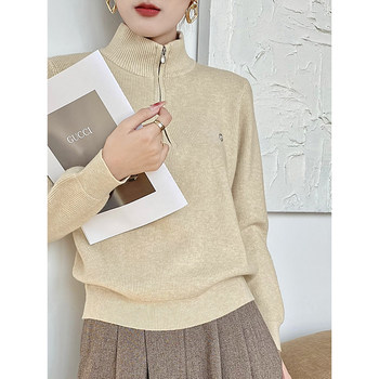 Autumn and Winter High-Neck Zipper Elegant Knit Top for Women, French-Style High-End Base Sweater, Thickened Collared Top