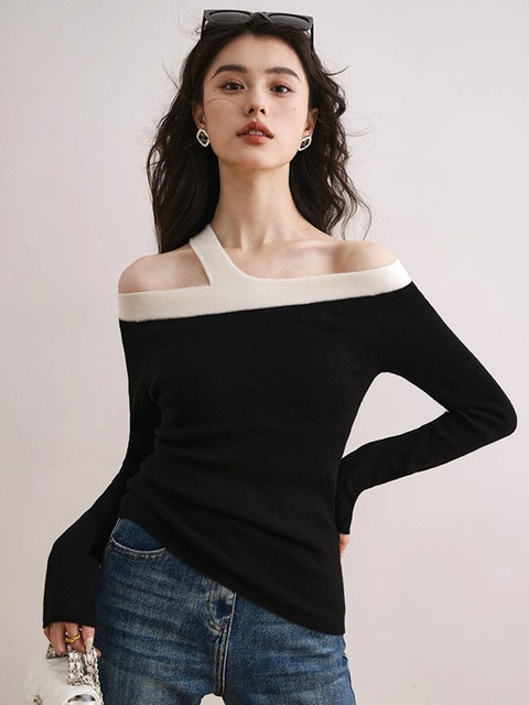 Autumn and Winter French-Style Off-Shoulder Color-Block Wool Knit Sweater for Women, High-End Base Sweater, Halter Neck, Off-Shoulder, Elegant Top