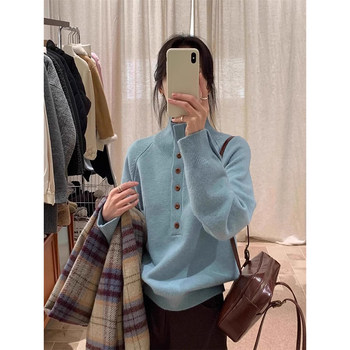 Autumn and Winter Korean Style High-Neck Blue Knit Sweater for Women with a Stylish Design, Lapel Collar, Outerwear Sweater with a High-End Feel, Casual Inner Layer Top