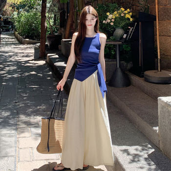 Summer Irregular Tie-Up Ice Silk Knitted Camisole Women's White Loose Skirt Pants Wide-Leg Pants Hot Girl Outfit