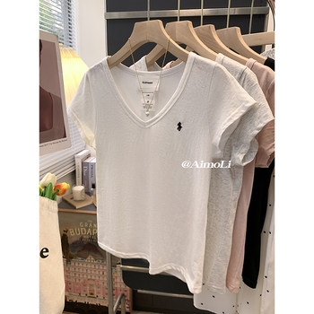 Summer White V-Neck Stylish Pure Cotton Short-Sleeve T-Shirt for Women, New Unique Embroidered Slim-Fit Top