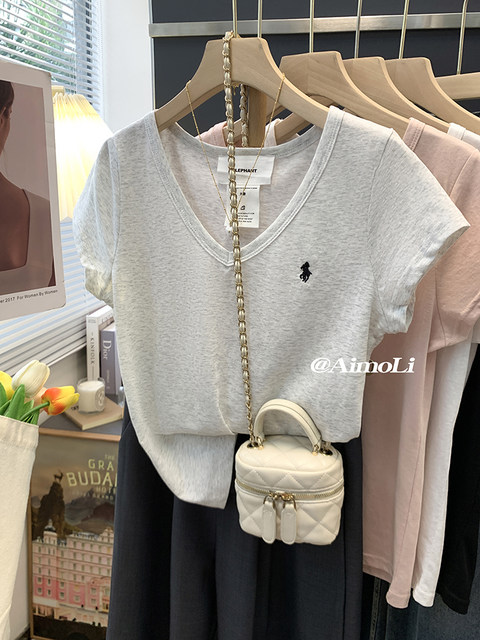 Summer Blue V-Neck Embroidered Pure Cotton Regular Shoulder Short-Sleeved T-Shirt for Women, New Design, Unique and Stylish, Slim-Fitting Top