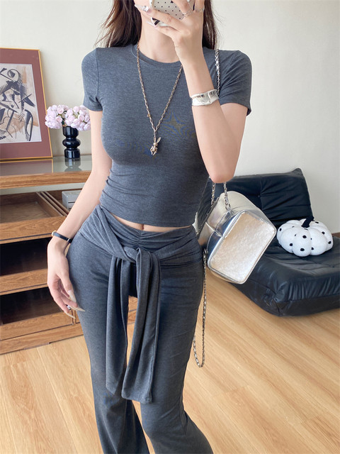 Summer Hot Girl Gray Round Neck Tight Short-Sleeved T-Shirt with Tie Design and Floor-Length Tencel Pants Two-Piece Set