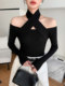 Autumn and Winter Design Wool Knit Sweater for Women, French-Style Black Halter Neck Base Sweater, Sexy Off-Shoulder Top