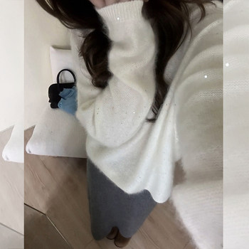 Soft and Fluffy White Sequined Raccoon Fur Sweater for Women, Korean Style, Loose and Lazy Knit Top for Autumn and Winter