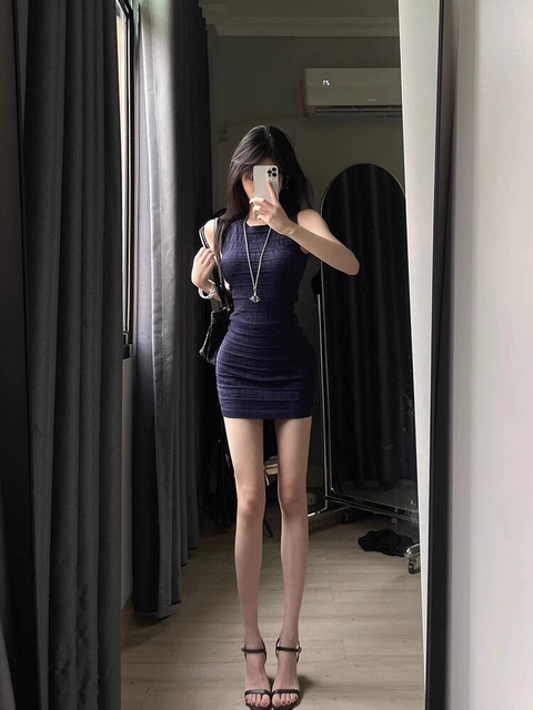 Hot Girl Petite Waist-Slimming Knit Dress Women's Summer High-End Sleeveless Tank Dress Bodycon Short Skirt