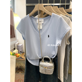 Summer Blue V-Neck Embroidered Pure Cotton Regular Shoulder Short-Sleeved T-Shirt for Women, New Design, Unique and Stylish, Slim-Fitting Top