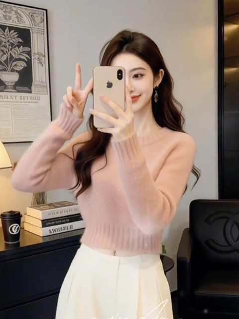 Korean pink high-end sequined sweater for women in autumn and winter, unique and beautiful thickened pullover sweater short top