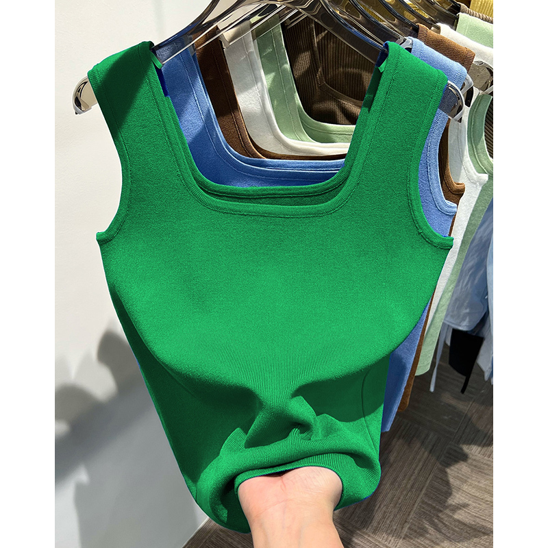 Summer French-Style Chic Green Ice Silk Knitted Camisole for Women, Square Neck, Inner Layer, Outer Wear, Sleeveless Top