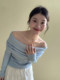 Spring and Autumn One-Shoulder Blue Knit Top for Women, Unique and Delicate, Slim-Fitting Inner Layer, Sweater with Ruched Off-Shoulder Design