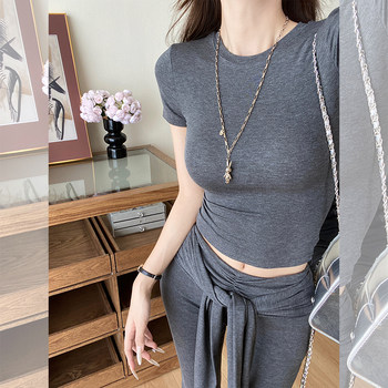Summer Hot Girl Gray Round Neck Tight Short-Sleeved T-Shirt with Tie Design and Floor-Length Tencel Pants Two-Piece Set