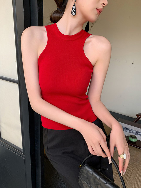 Retro red slim-fitting halterneck knitted camisole female summer hottie bottoming sleeveless shoulder top