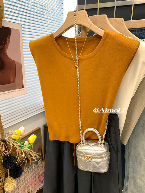 French Ice Silk Thin Flying Sleeve Knitwear for Women Summer Design Lace-Up Waist Sleeveless T-Shirt Short Top