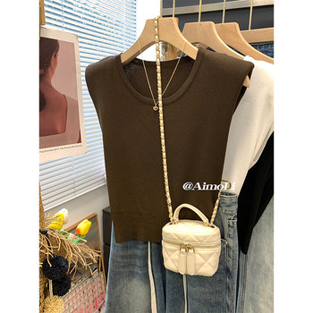 Designed Back Lace-Up Sleeveless Knitwear for Women Summer Thin T-Shirt Ice Silk Slim Short Flying Sleeve Top