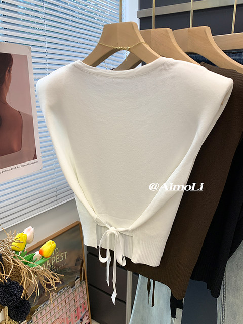Summer Ice Silk Thin Flying Sleeve Knitwear Women's Design Waistless Lace-Up T-Shirt Slimming Look Short Sleeveless Top
