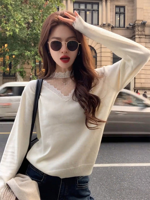 French-Style Lace Patchwork Half-Turtleneck Knitted Base Shirt for Women, Autumn and Winter High-End Halter V-Neck Sweater Inner Top