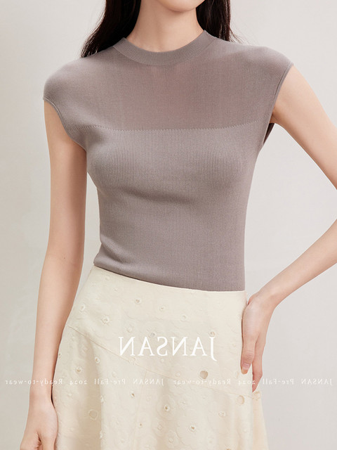 Summer French-Style Thin Ice Silk Knit Top for Women 2025 New High-End Round Neck T-Shirt with Small Flutter Sleeves and Slim Fit