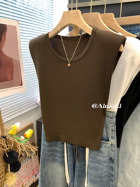 French Ice Silk Thin Flying Sleeve Knitwear for Women Summer Design Lace-Up Waist Sleeveless T-Shirt Short Top