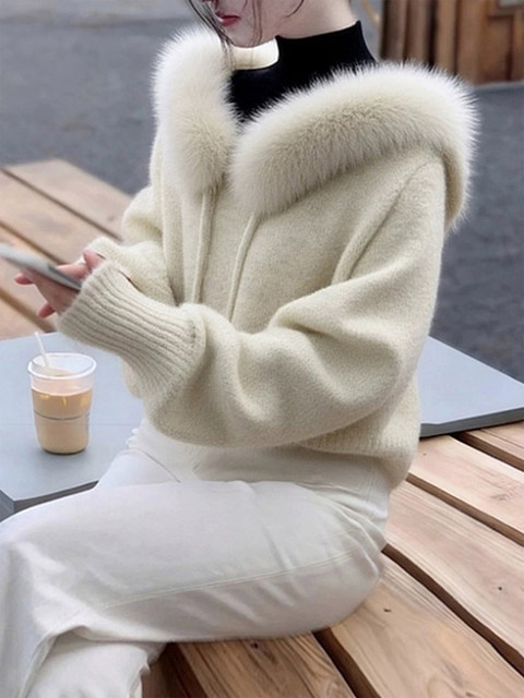 Fufu Sweater with Fur Collar and Hood for Women, Very Stylish for Autumn and Winter, Lazy and High-End Knit Top for Outerwear