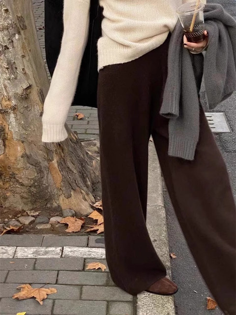 Autumn and Winter Drapey Gray Slim-Fit Knit Wide-Leg Pants for Women, Winter Petite Floor-Length Straight Pants, High-Waisted Loose Long Pants