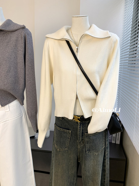 Autumn and Winter Large Lapel Short Style Elegant Thick Outerwear Sweater for Women, Korean Style Double Zipper Unique Knit Top